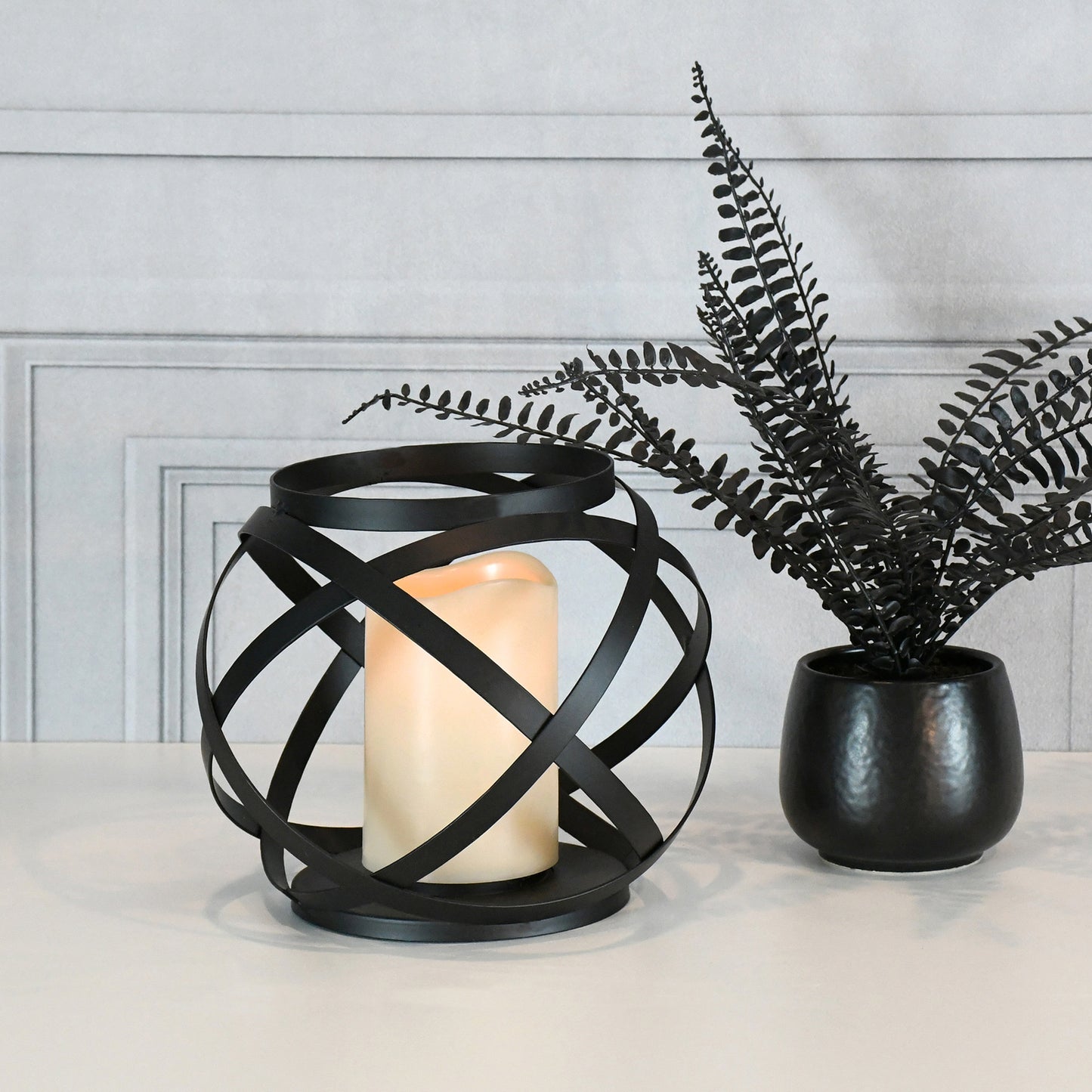 Black Banded Metal Lantern with Battery Operated Candle - 6.5"