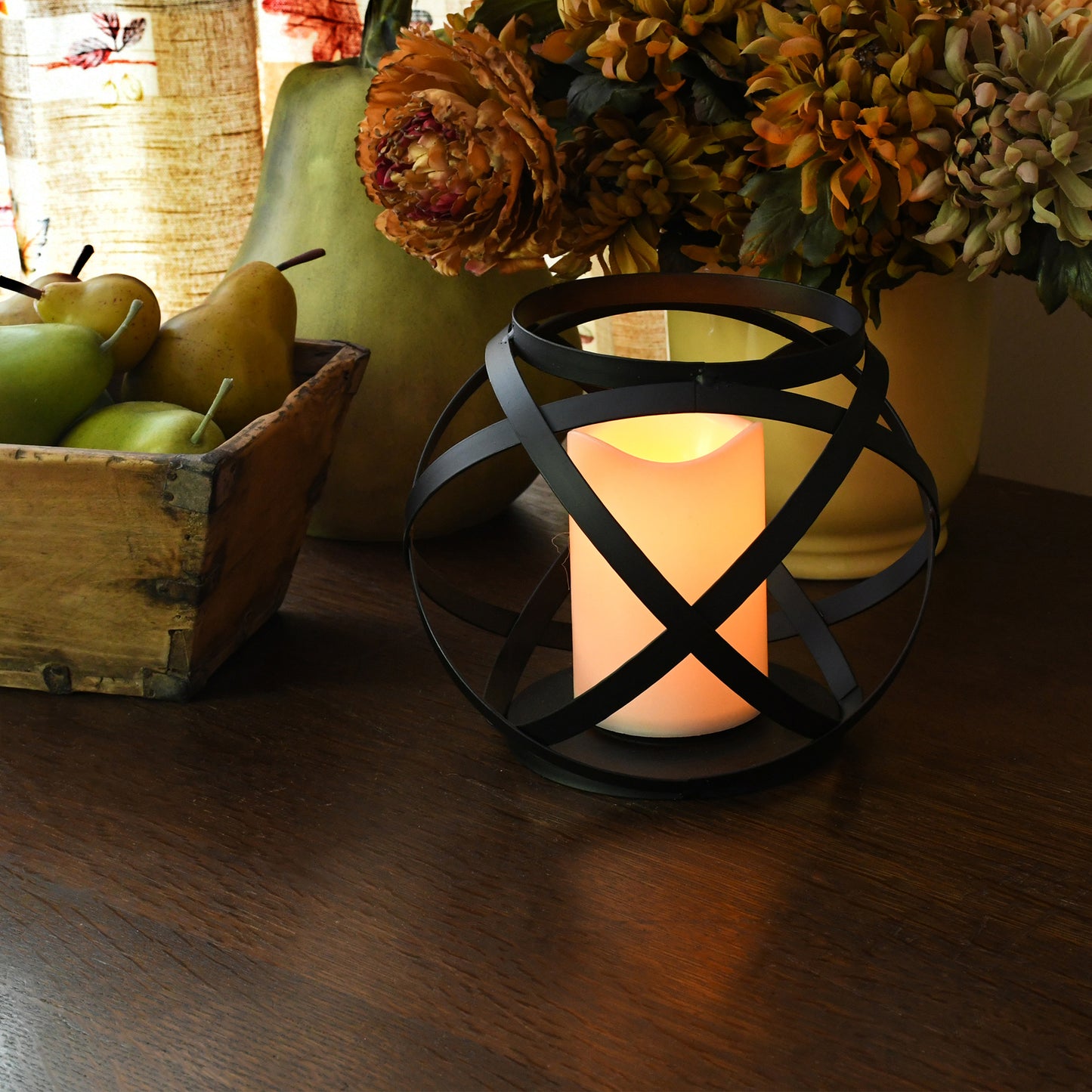 Black Banded Metal Lantern with Battery Operated Candle - 6.5"