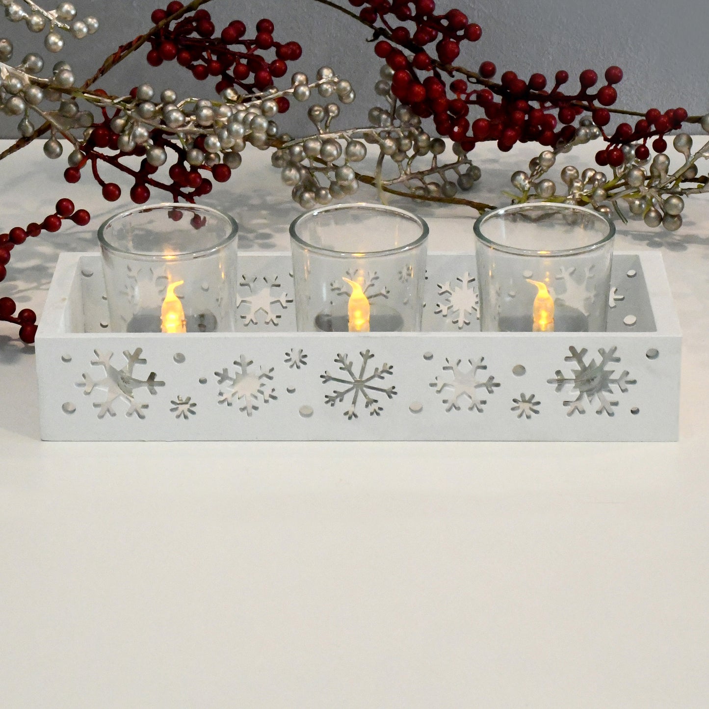 Snowflake Tray with 3 Glass Candleholders