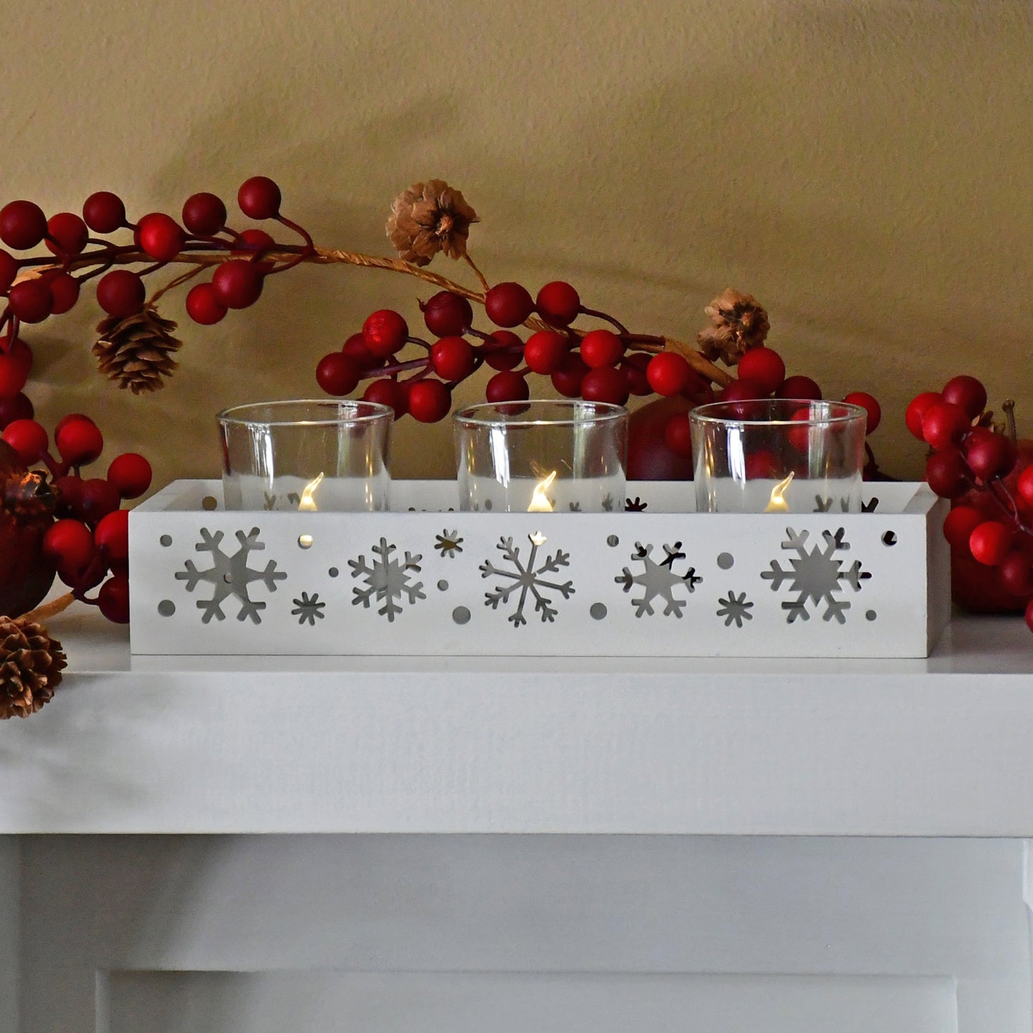 Snowflake Tray with 3 Glass Candleholders